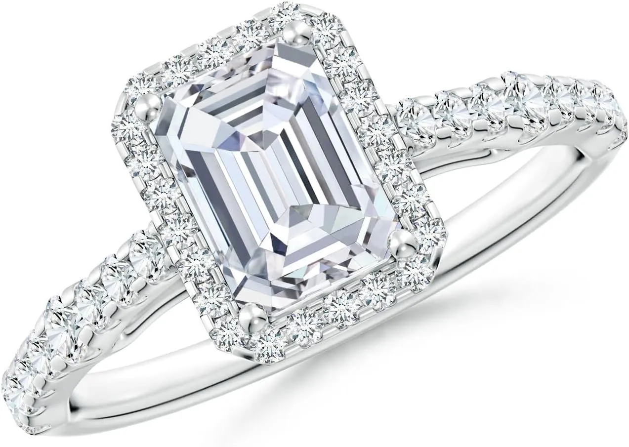 Angara Lab Grown Emerald-Cut Diamond Station Halo Engagement Ring in Silver / 14K Solid Gold/Platinum | April Birthstone, Birthday, Anniversary, Wedding Jewelry Gift for Women