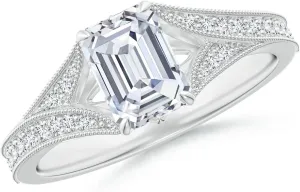 Angara Lab Grown Vintage Inspired Emerald-Cut Diamond Split Shank Engagement Ring in 14K Solid Gold/Platinum | April Birthstone, Birthday, Anniversary, Wedding Jewelry Gift for Women