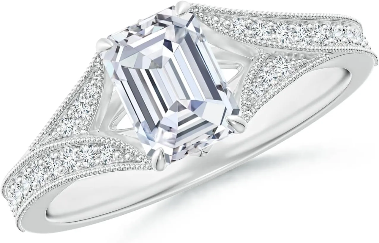 Angara Lab Grown Vintage Inspired Emerald-Cut Diamond Split Shank Engagement Ring in 14K Solid Gold/Platinum | April Birthstone, Birthday, Anniversary, Wedding Jewelry Gift for Women