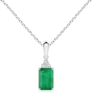Angara Natural Emerald-Cut Emerald Pendant with Diamond Trio in Silver / 14K Solid Gold/Platinum | May Birthstone, Birthday, Engagement, Anniversary, Wedding Jewelry Gift for Women