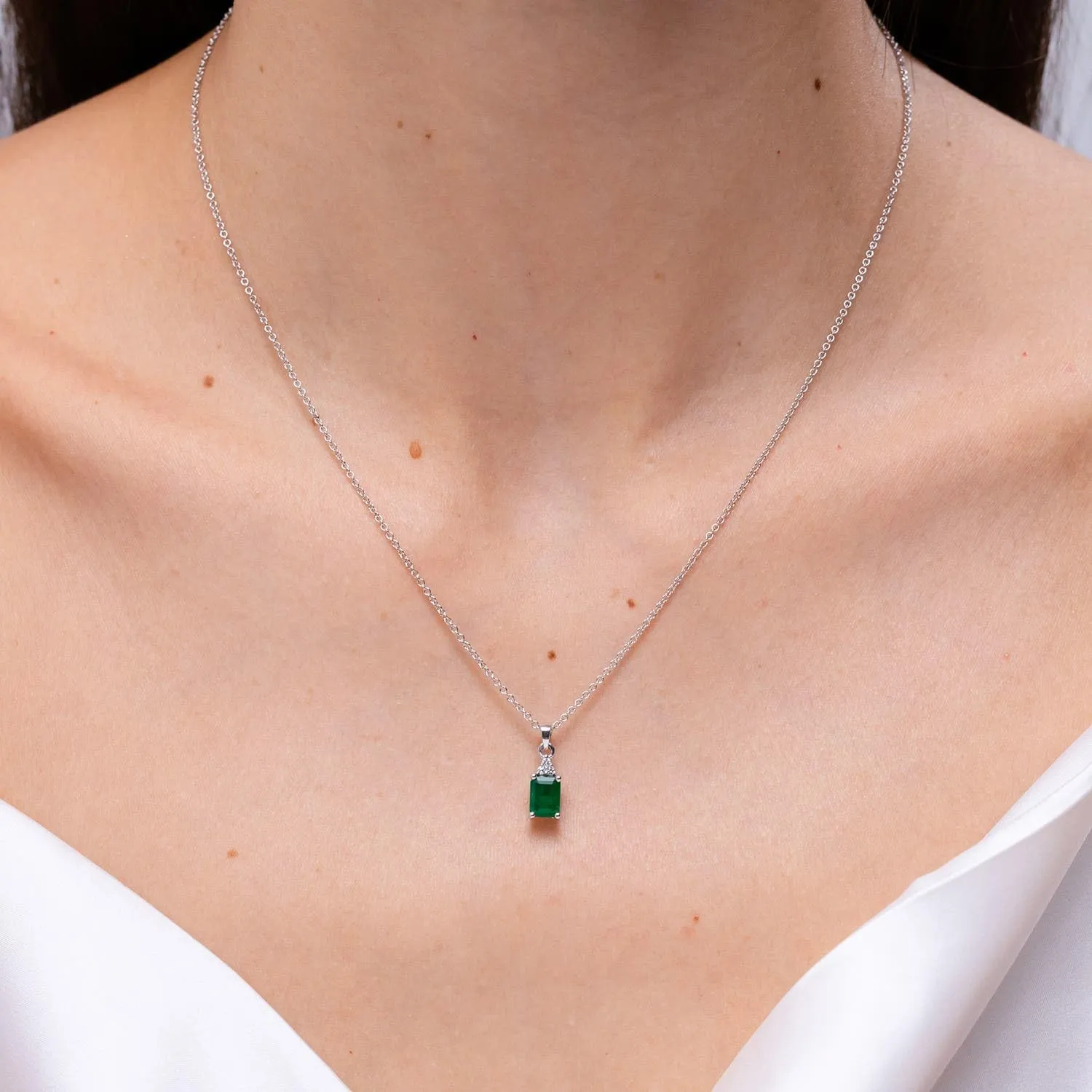 Angara Natural Emerald-Cut Emerald Pendant with Diamond Trio in Silver / 14K Solid Gold/Platinum | May Birthstone, Birthday, Engagement, Anniversary, Wedding Jewelry Gift for Women