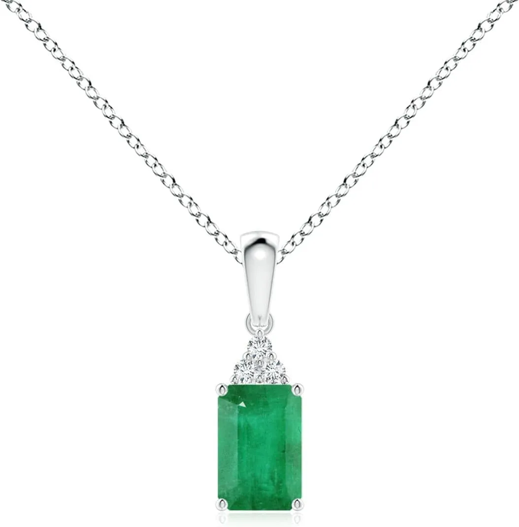 Angara Natural Emerald-Cut Emerald Pendant with Diamond Trio in Silver / 14K Solid Gold/Platinum | May Birthstone, Birthday, Engagement, Anniversary, Wedding Jewelry Gift for Women