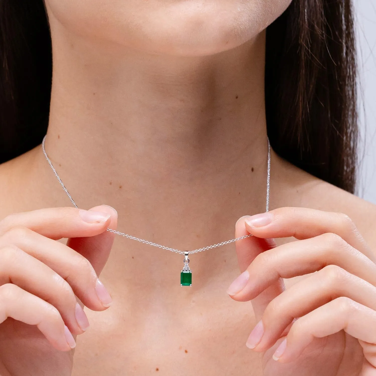Angara Natural Emerald-Cut Emerald Pendant with Diamond Trio in Silver / 14K Solid Gold/Platinum | May Birthstone, Birthday, Engagement, Anniversary, Wedding Jewelry Gift for Women