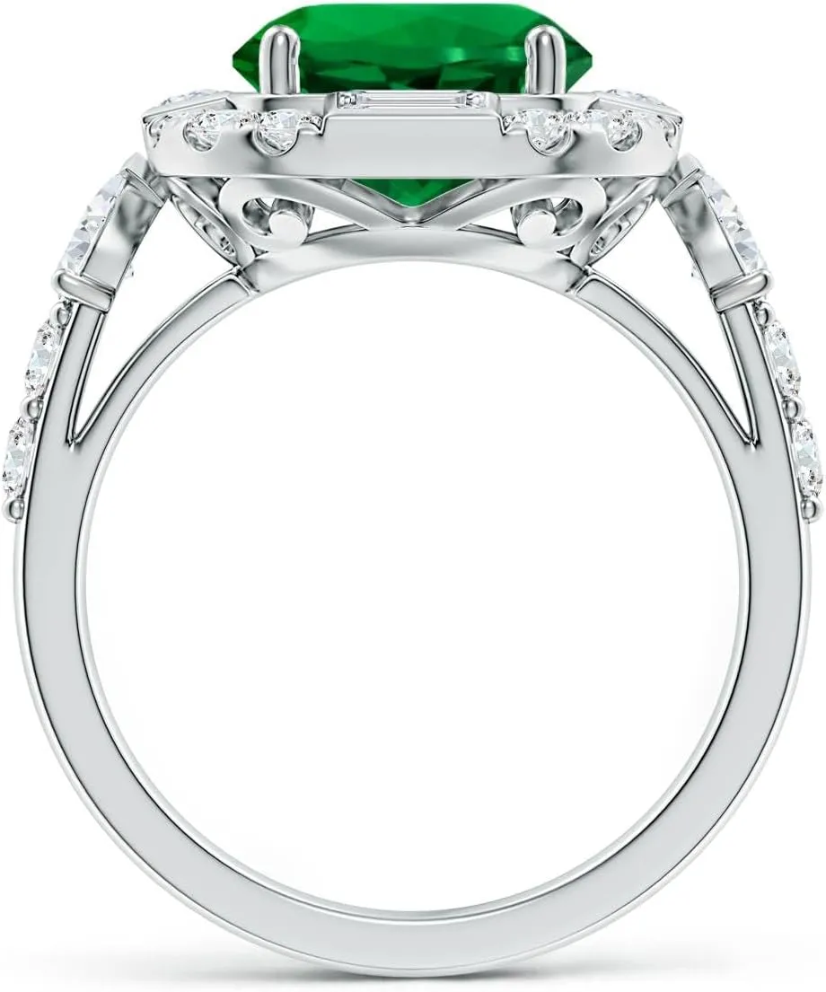Angara Round Lab Grown Emerald Unique Halo Engagement Ring with Accents in 14K Solid Gold/Platinum | Birthday, Anniversary, Wedding Jewelry Gift for Women