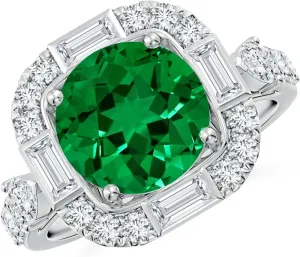 Angara Round Lab Grown Emerald Unique Halo Engagement Ring with Accents in 14K Solid Gold/Platinum | Birthday, Anniversary, Wedding Jewelry Gift for Women