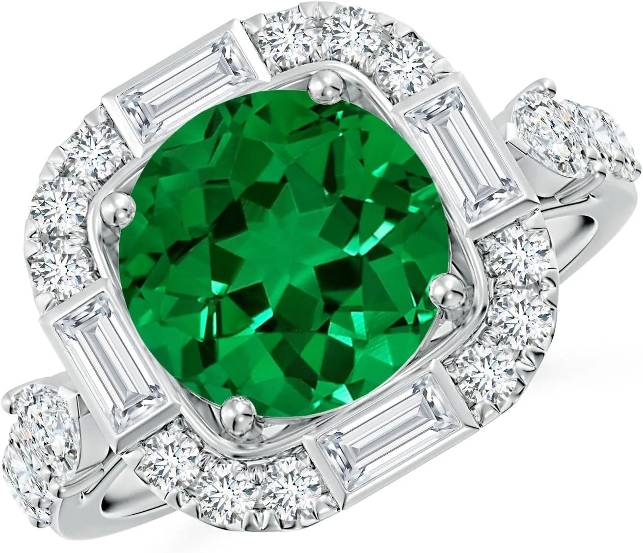 Angara Round Lab Grown Emerald Unique Halo Engagement Ring with Accents in 14K Solid Gold/Platinum | Birthday, Anniversary, Wedding Jewelry Gift for Women