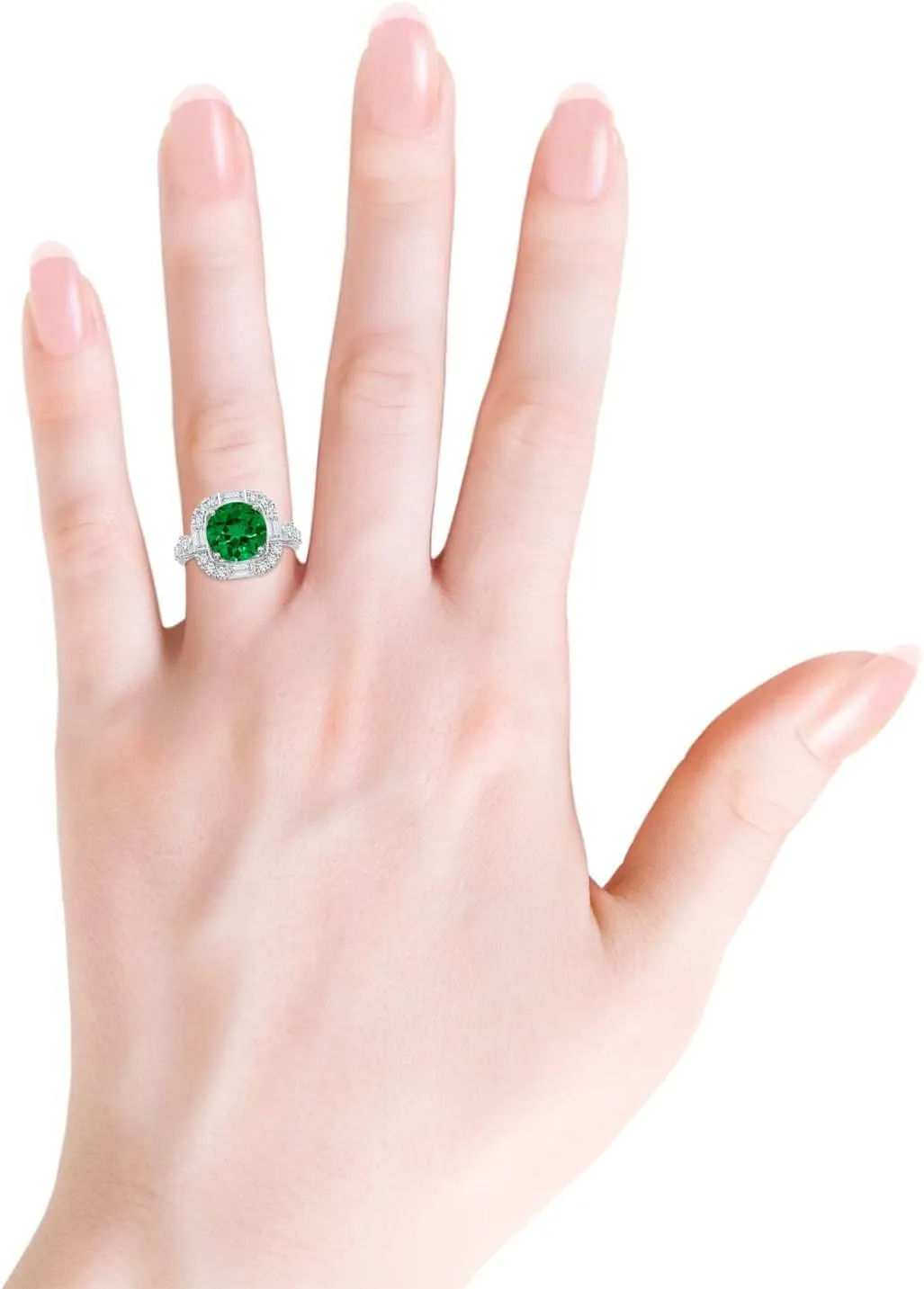 Angara Round Lab Grown Emerald Unique Halo Engagement Ring with Accents in 14K Solid Gold/Platinum | Birthday, Anniversary, Wedding Jewelry Gift for Women