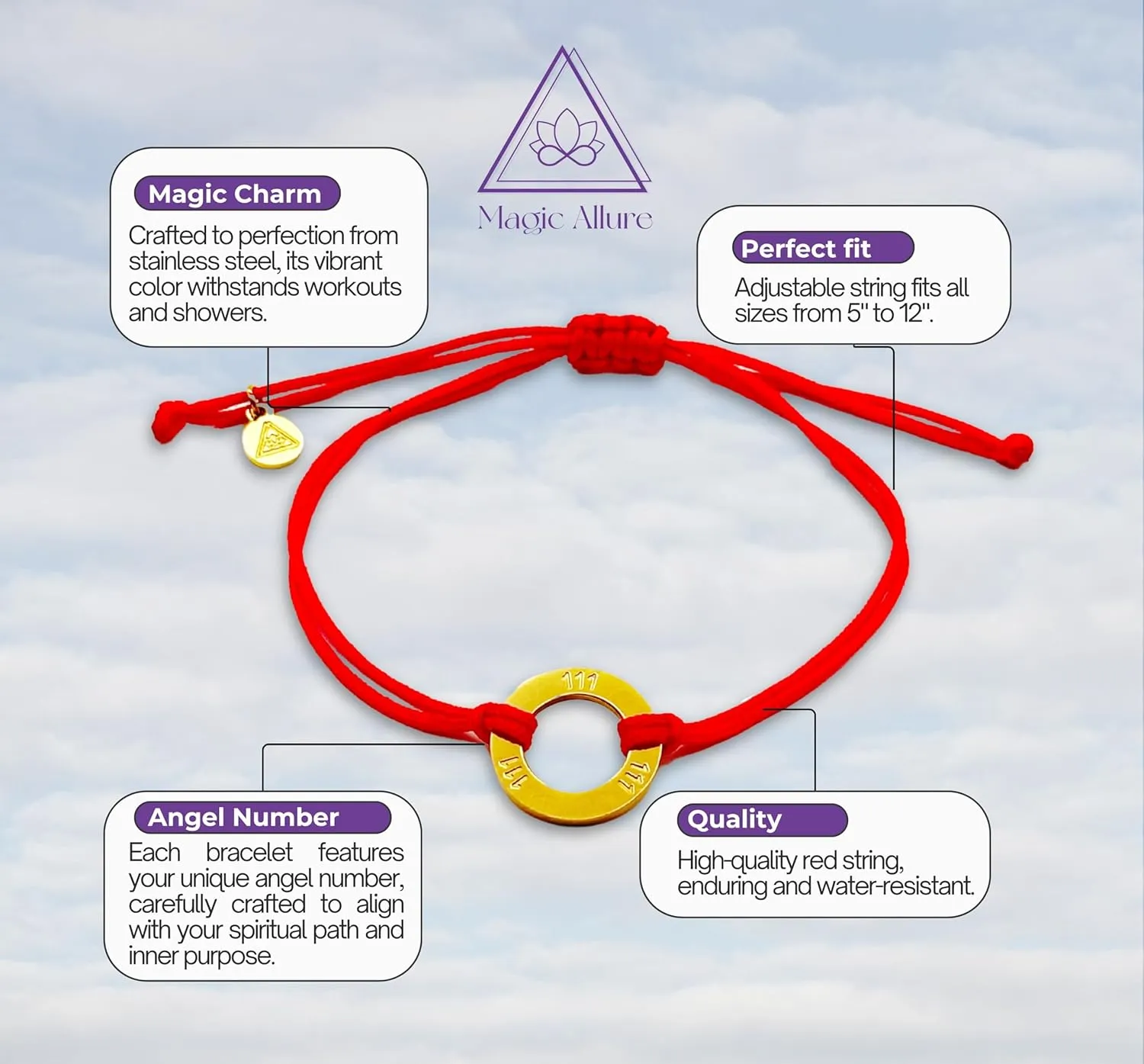Angel Numbers Bracelet - Numerology Bracelet - Beautiful Symbol of Guidance, Inspiration, Manifestation and Law of Attraction. Red bracelet, Waterproof Gold Jewelry