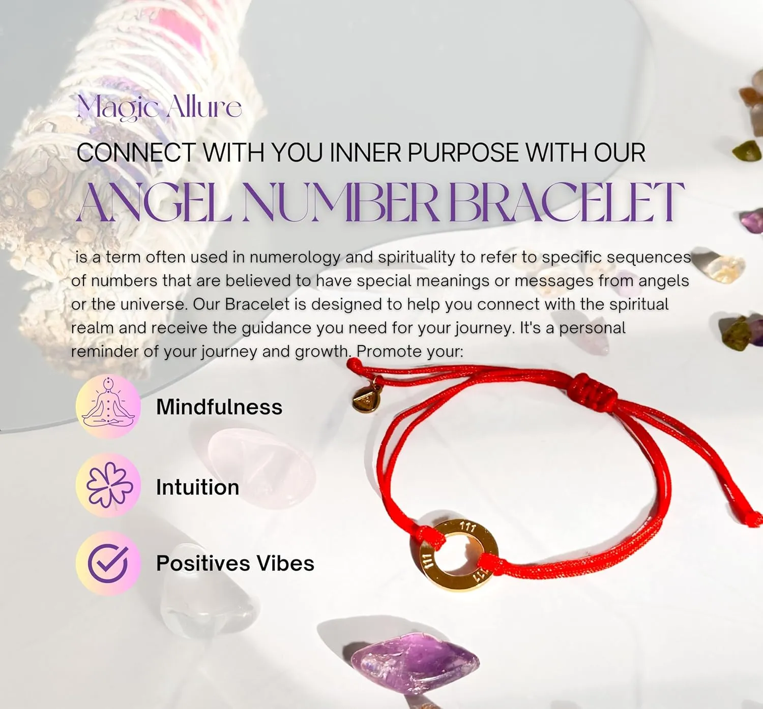 Angel Numbers Bracelet - Numerology Bracelet - Beautiful Symbol of Guidance, Inspiration, Manifestation and Law of Attraction. Red bracelet, Waterproof Gold Jewelry