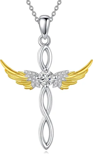 Angel Wings Cross Necklace Sterling Silver Wing Cross Pendant Fashion Jewelry Birthday Gift for Women