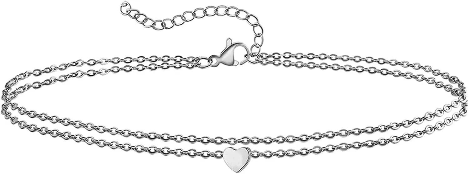 Ankle Bracelets for Women Heart, Boho Anklets Stainless Steel Double Layer Chain Silver/Gold Foot Jewelry Beach Summer