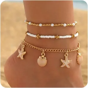 Ankle Bracelets for Women Stretch Boho Pearl Bead Gold Anklets Layered Sequins Foot Chain Hawaiian Beach Conch Summer Vacation Travel Foot Jewelry