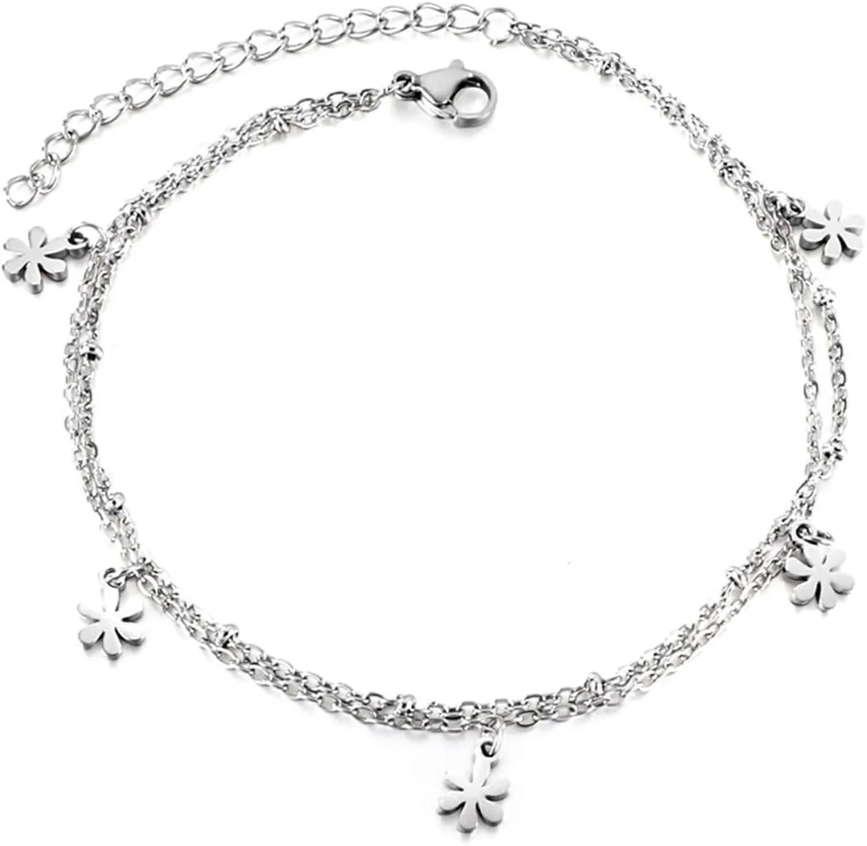 Anklet for Women Flower, Boho Jewelry Anklet Stainless Steel Double Chain Silver Foot Accessories Beach Summer 10Inch(26cm)