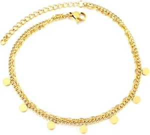 Anklet for Women Stainless Steel, Boho Anklet Double Chain with Round Shape Gold Foot Jewelry Beach Summer 10Inch(26cm)