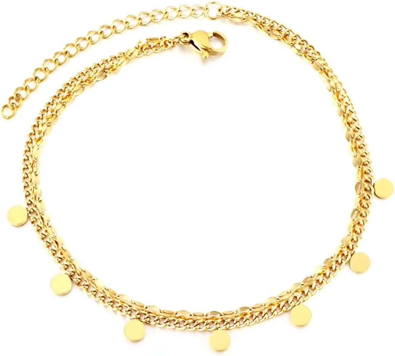 Anklet for Women Stainless Steel, Boho Anklet Double Chain with Round Shape Gold Foot Jewelry Beach Summer 10Inch(26cm)