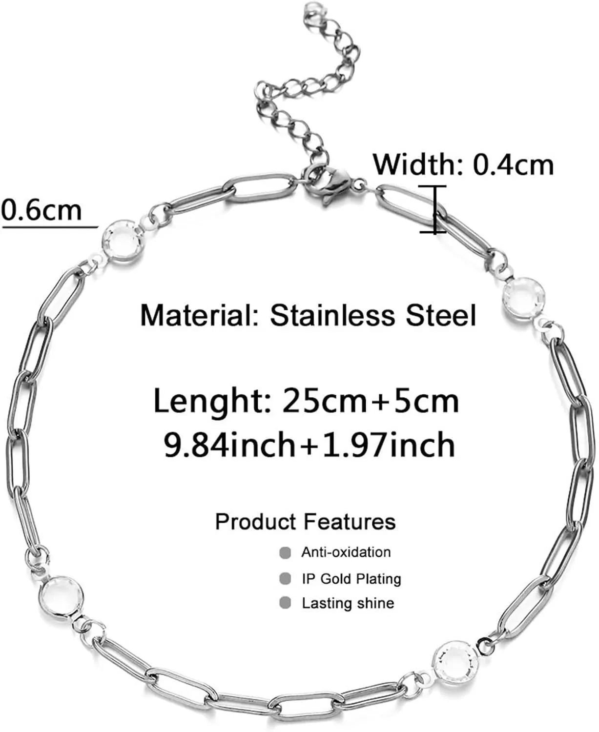 Anklet for Women Stainless Steel, Boho Anklets Chain with Cubic Zirconia Silver/Gold Foot Jewelry for Vacation Party