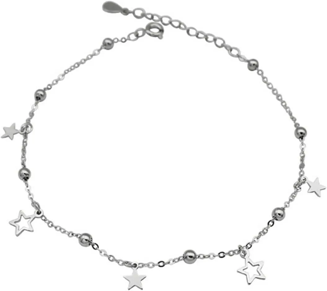 Anklet Sterling Silver 9 Inch, Ankle Bracelets for Women Boho Star Silver Foot Jewelry Beach Summer 23cm