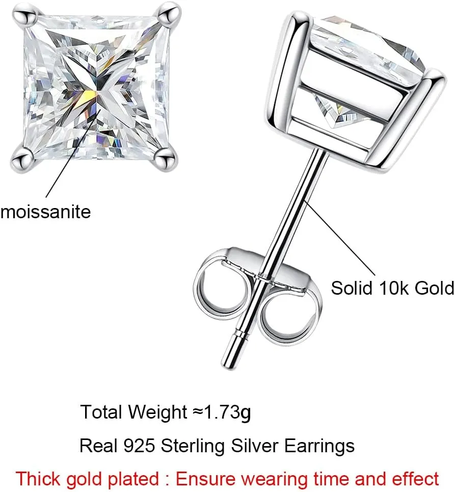 AnuClub 1.2-4cttw 10K Post Princess Cut Moissanite Stud Earrings for Women, D Color VVS1 925 Sterling Silver Earrings