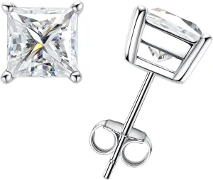 AnuClub 1.2-4cttw 10K Post Princess Cut Moissanite Stud Earrings for Women, D Color VVS1 925 Sterling Silver Earrings