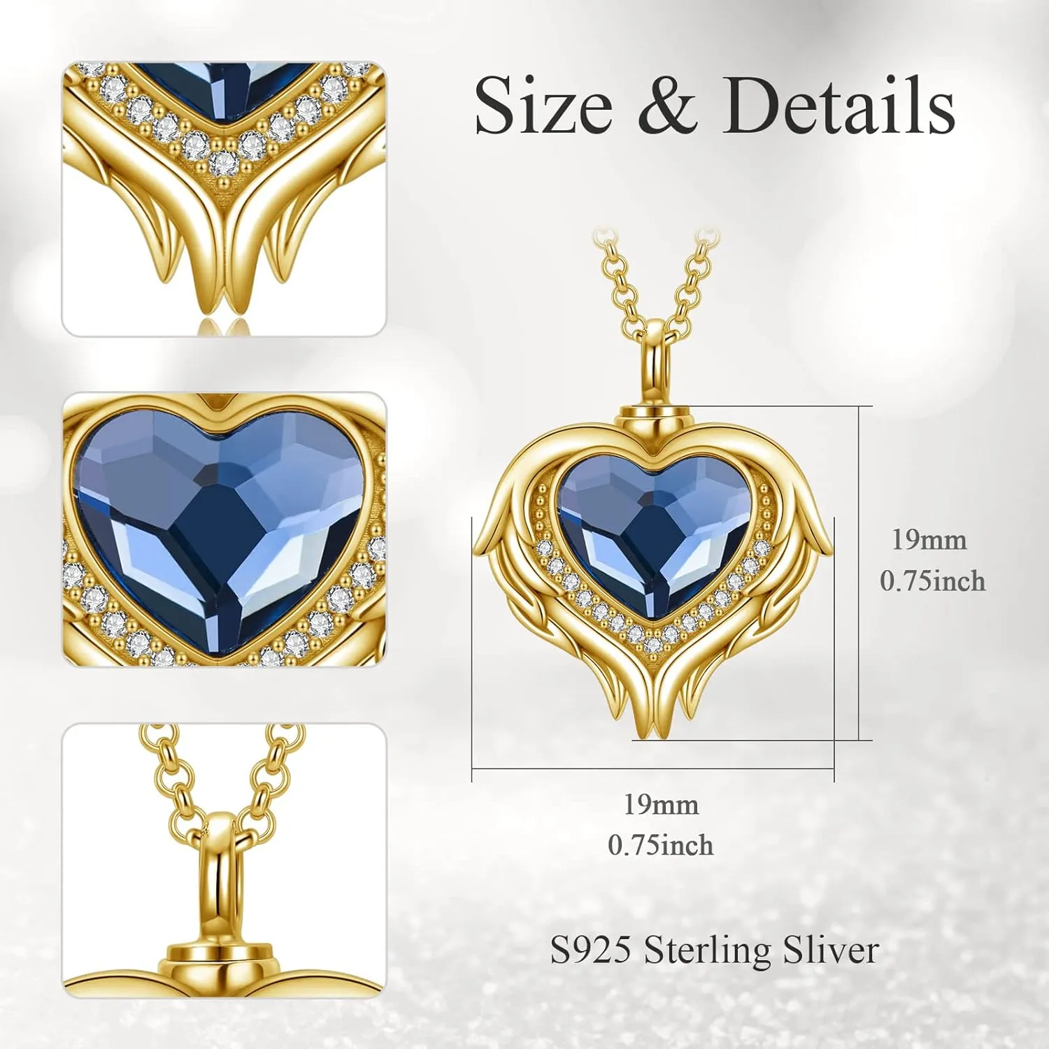 AOBOCO 925 Sterling Silver Angel Wing Heart Cremation Urn Necklace Holds Loved Ones Ashes, Memorial Keepsake Cremation Jewelry Necklace for Women