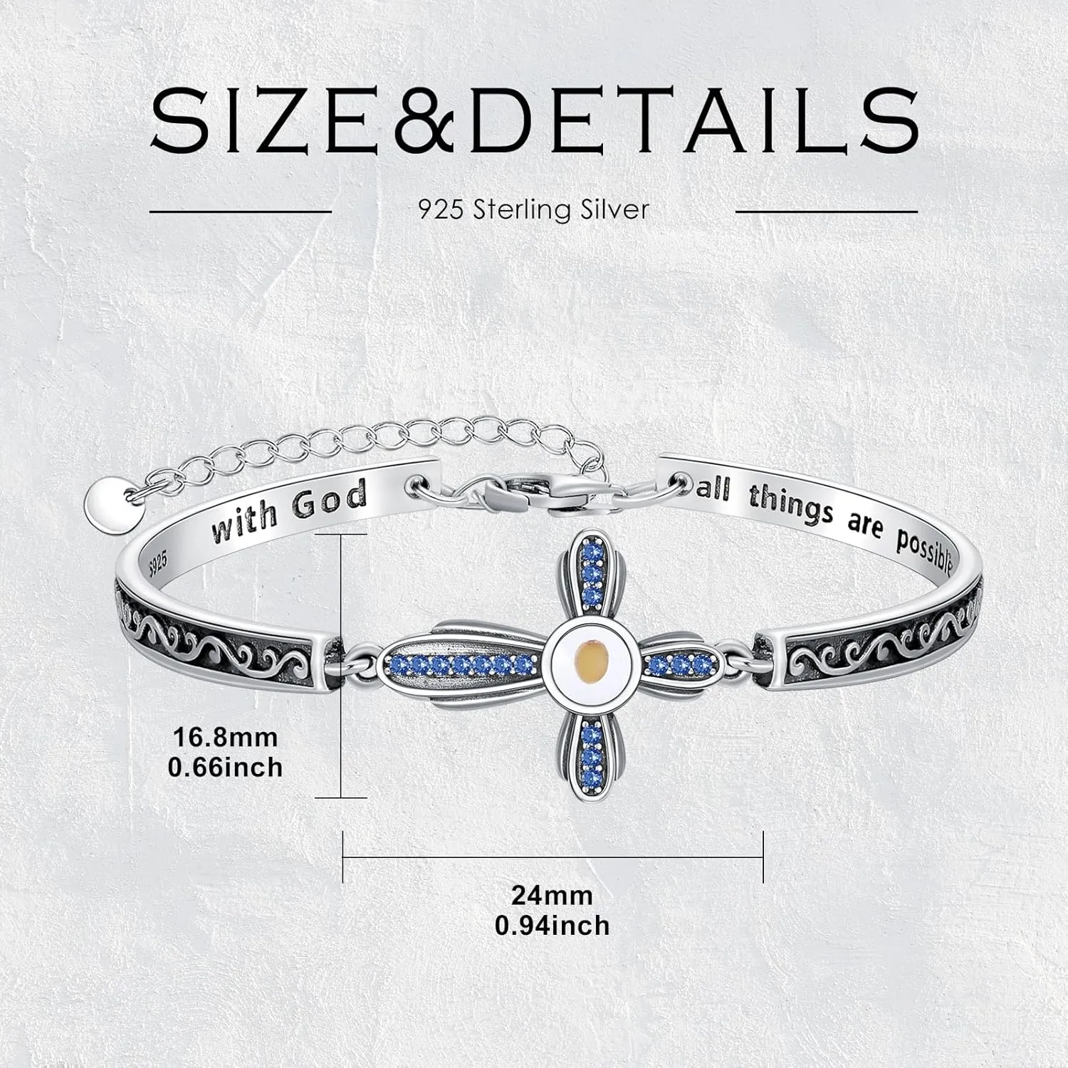 AOBOCO Mustard Seed Cross Bracelet with 12 Birthstones Sterling Silver With God All Things are Possible Bangle Christian Faith Religious Jewelry Gift for Women