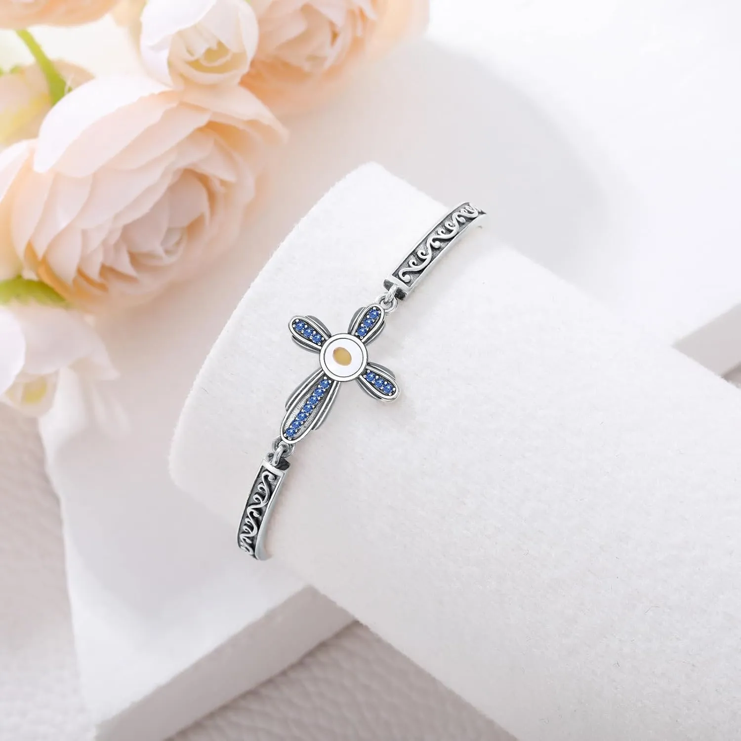 AOBOCO Mustard Seed Cross Bracelet with 12 Birthstones Sterling Silver With God All Things are Possible Bangle Christian Faith Religious Jewelry Gift for Women
