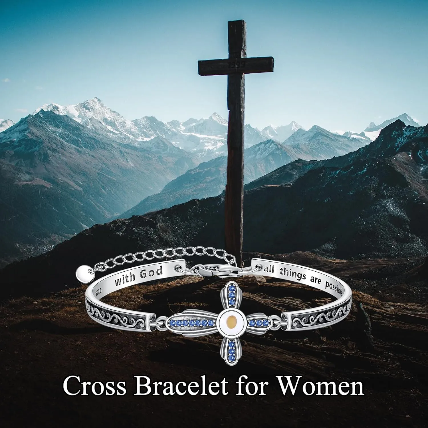 AOBOCO Mustard Seed Cross Bracelet with 12 Birthstones Sterling Silver With God All Things are Possible Bangle Christian Faith Religious Jewelry Gift for Women