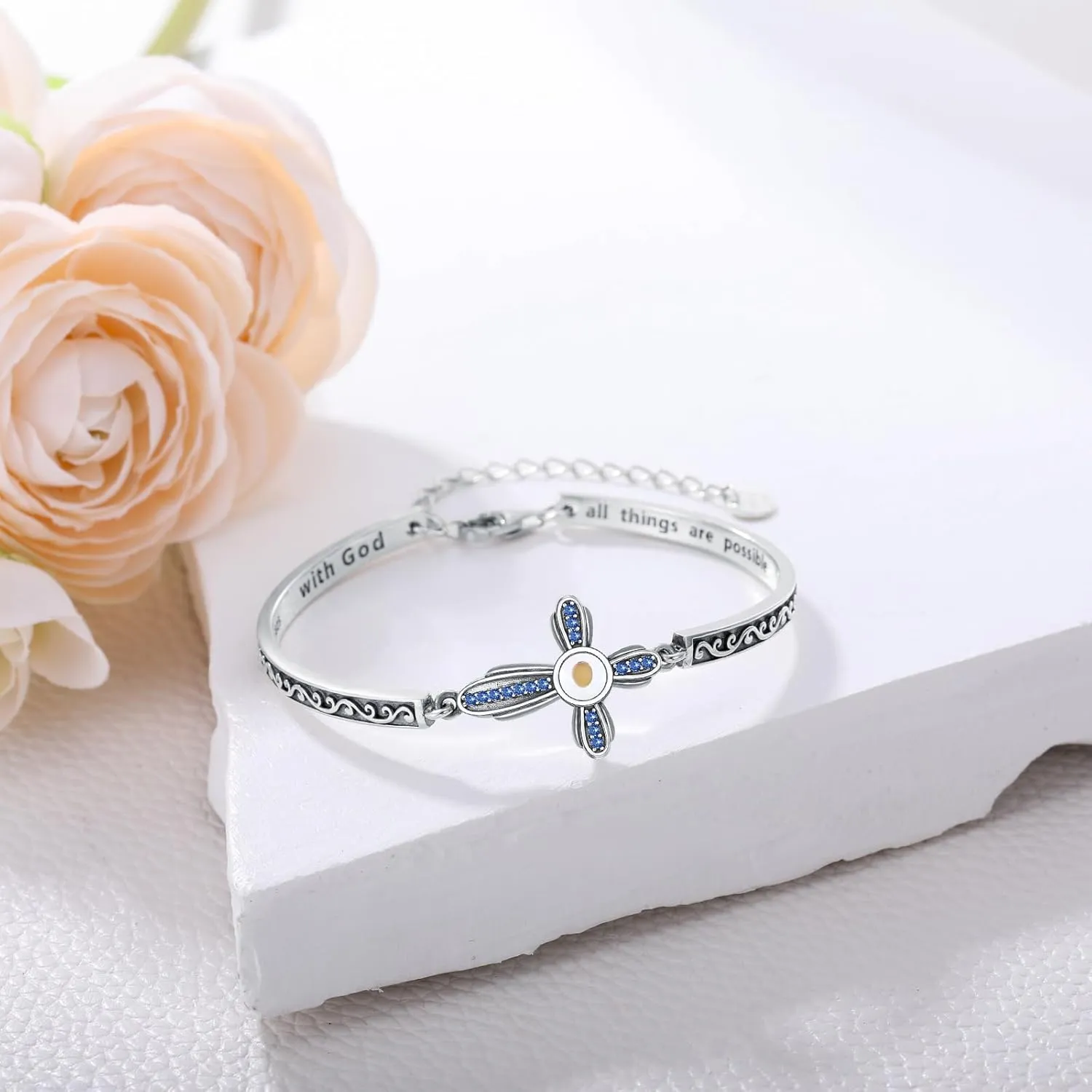AOBOCO Mustard Seed Cross Bracelet with 12 Birthstones Sterling Silver With God All Things are Possible Bangle Christian Faith Religious Jewelry Gift for Women