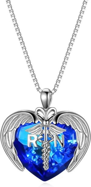 AOBOCO Sterling Silver Registered Nurse RN NP LPN Caduceus Pendant Necklace with Angel Heart Charm Made with Austrian Crystal, Nurse Nursing School Graduation Gifts for Women