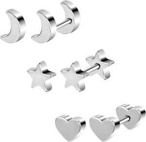 AOEDEJ 3 Pairs Studs Earrings for Women Silver Gold Stud Earrings Stainless Steel Stud Earrings for Women Moon Star Heart Stud Earrings