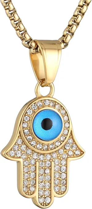 AsAlways 18K Gold Plated Hand of Fatima Pendant Inlay CZ Vintage Hip Hop Rock Punk Totem Amulet Charm Evil Eye Fatima Hamsa Hand Necklace