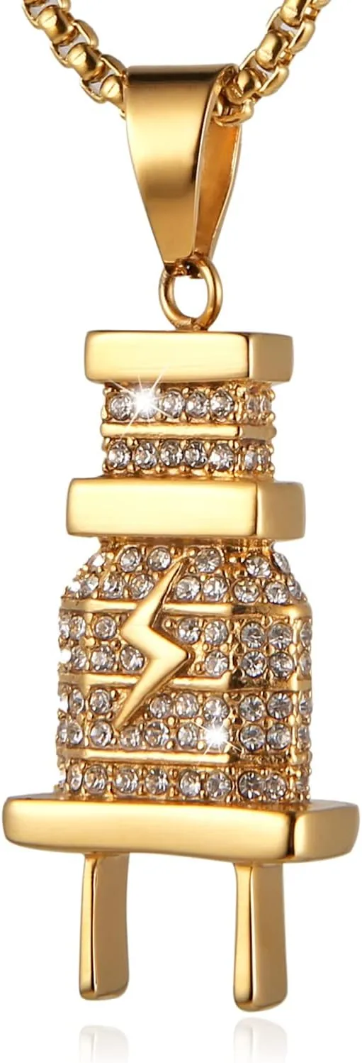 AsAlways Plug Necklace for Men Rapper Stainless Steel 18K Gold Plated Cubic Zirconia Hip Hop Pendant Necklace Jewelry Gift