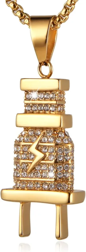 AsAlways Plug Necklace for Men Rapper Stainless Steel 18K Gold Plated Cubic Zirconia Hip Hop Pendant Necklace Jewelry Gift
