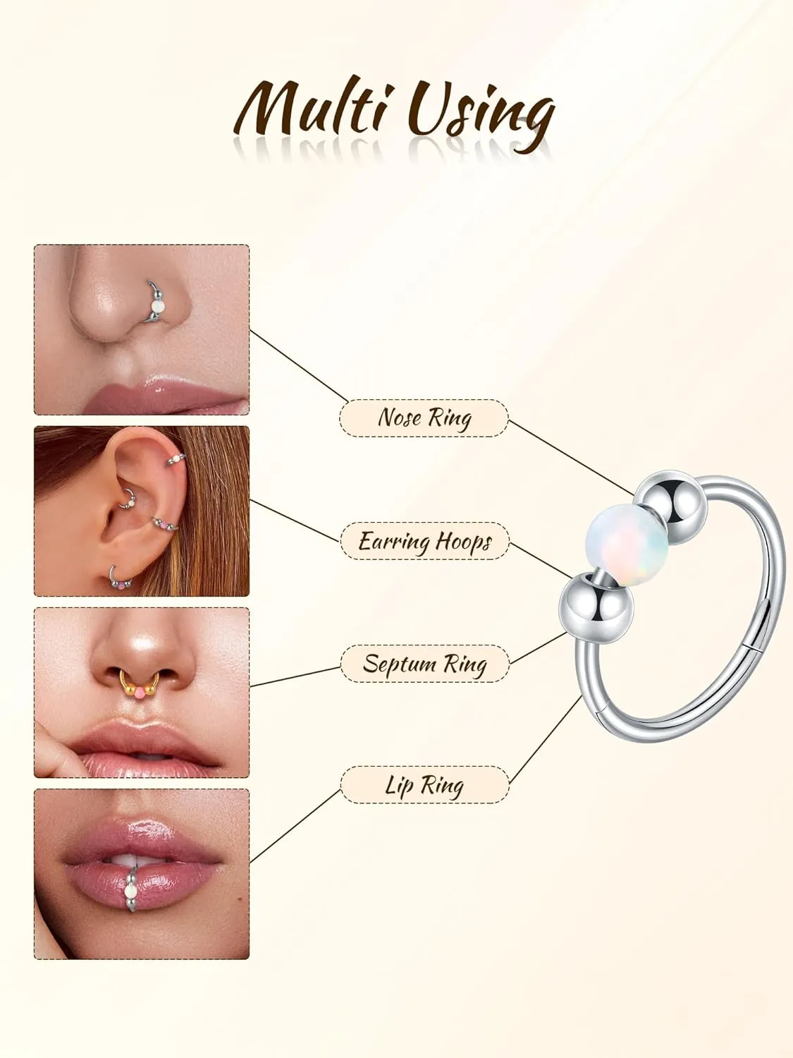 Aumeo 2PCS 18G Titanium Nose Ring Opal Hoop Nose Rings for Women 8mm 10mm Septum Rings Helix Rook Conch Tragus Hoop Earring Piercing Jewelry