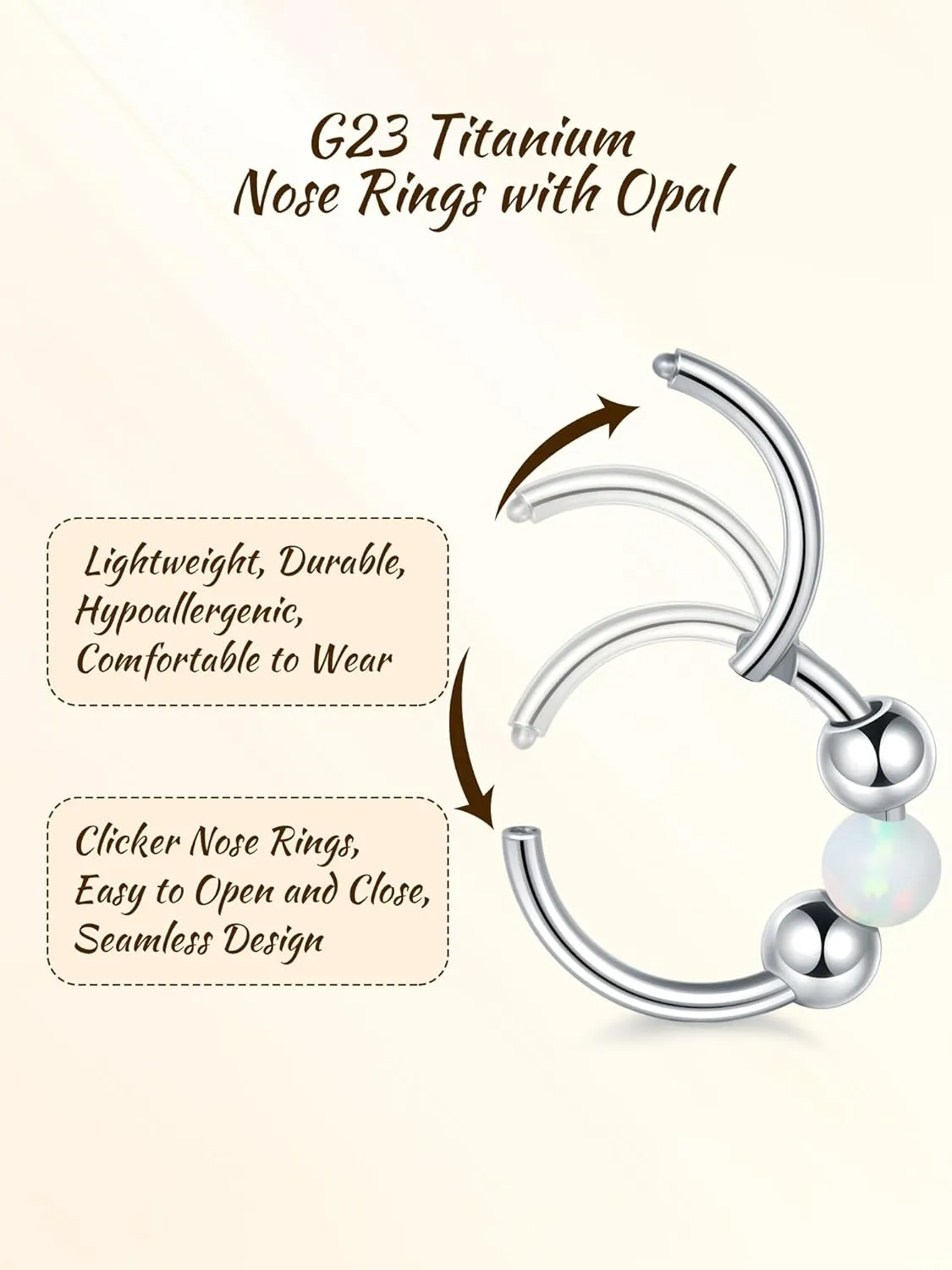 Aumeo 2PCS 18G Titanium Nose Ring Opal Hoop Nose Rings for Women 8mm 10mm Septum Rings Helix Rook Conch Tragus Hoop Earring Piercing Jewelry