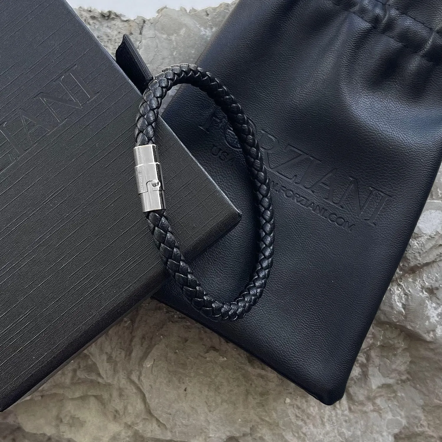 Authentic Braided Black Leather Bracelet for Men - Genuine Leather Bracelet with Stainless Steel Closure - Sz Large - Gift Box Packaged - Mens Gifts