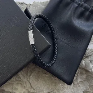 Authentic Braided Black Leather Bracelet for Men - Genuine Leather Bracelet with Stainless Steel Closure - Sz Large - Gift Box Packaged - Mens Gifts