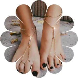 Bar Toe Ring Anklet Rhinestones Gold Barefoot Sandals Chain Toe Anklet Bracelet Minimalist Ankle Bracelet Toe Chain Anklet Foot Chain Jewelry for Women 2 Pcs