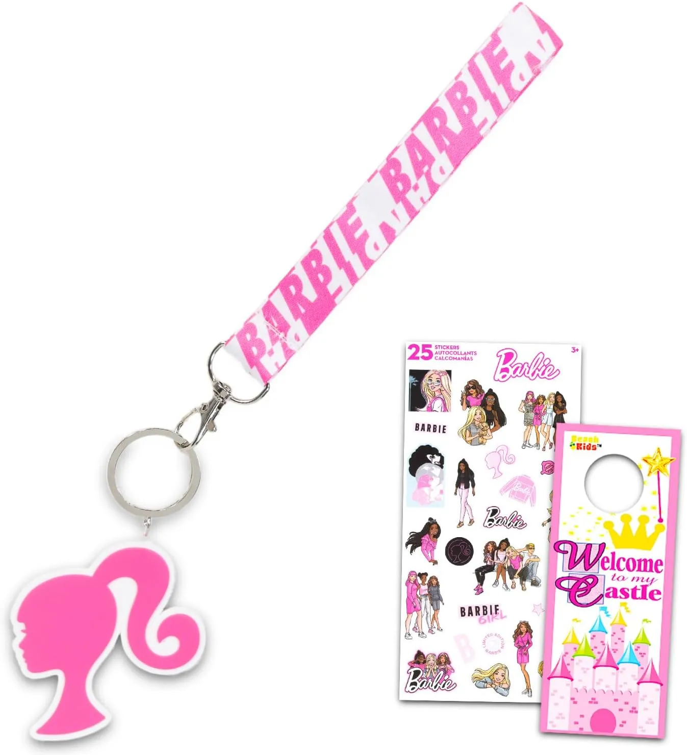 Barbie Keychain Bundle ~ Deluxe Silicone 3D Character Barbie Keyring with Strap and Charm Plus Stickers, More | Barbie Wrist Lanyard and Keychain