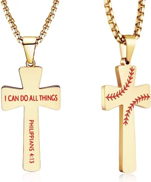 Baseball Football Cross Necklace Bracelets I CAN DO All Things Strength Bible Verse Stainless Steel Pendant for Boys Men