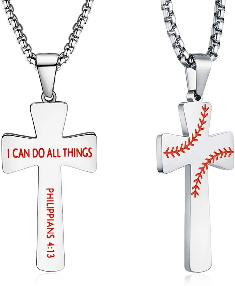 Baseball Football Cross Necklace Bracelets I CAN DO All Things Strength Bible Verse Stainless Steel Pendant for Boys Men