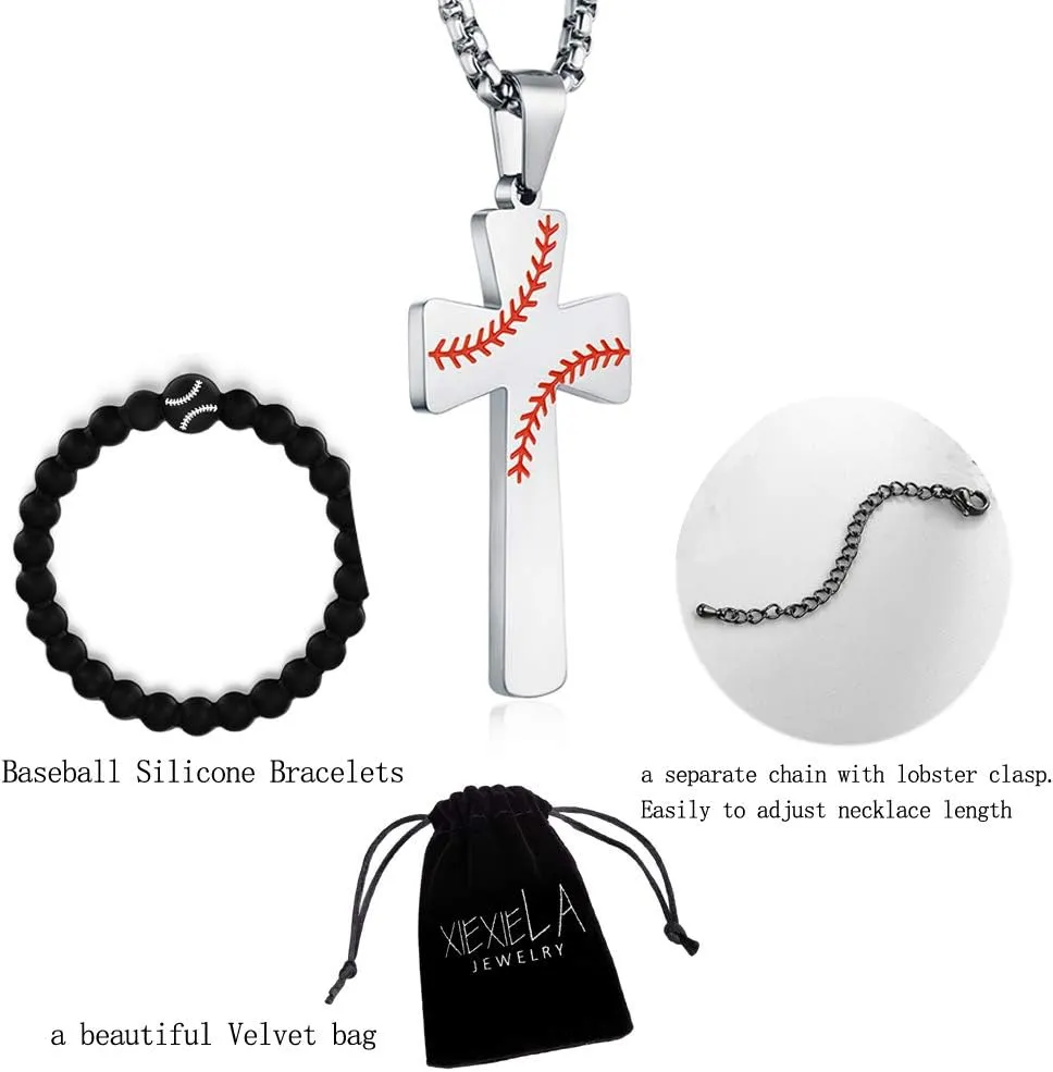 Baseball Football Cross Necklace Bracelets I CAN DO All Things Strength Bible Verse Stainless Steel Pendant for Boys Men
