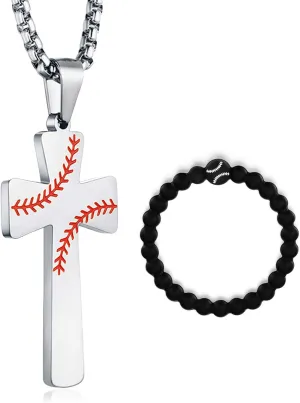 Baseball Football Cross Necklace Bracelets I CAN DO All Things Strength Bible Verse Stainless Steel Pendant for Boys Men