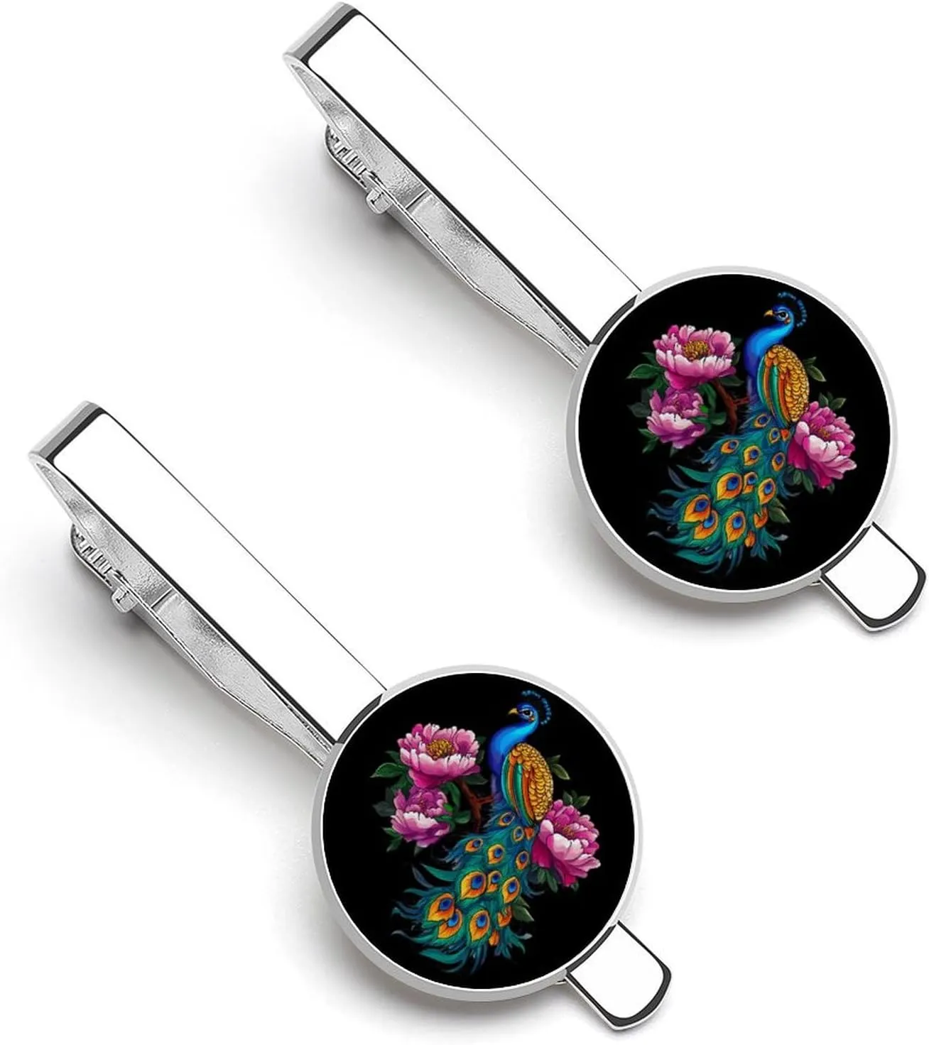 Beautiful Blue Peacock Peony Men's Tie Clip Tie Bar Round Tie Clasp Classic Tie Tack Pins Jewelry Accessories