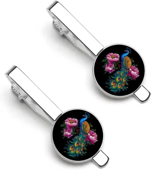 Beautiful Blue Peacock Peony Men's Tie Clip Tie Bar Round Tie Clasp Classic Tie Tack Pins Jewelry Accessories