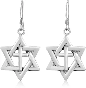 Beautiful Faith Star of David and Cross .925 Sterling Silver Dangle Earrings