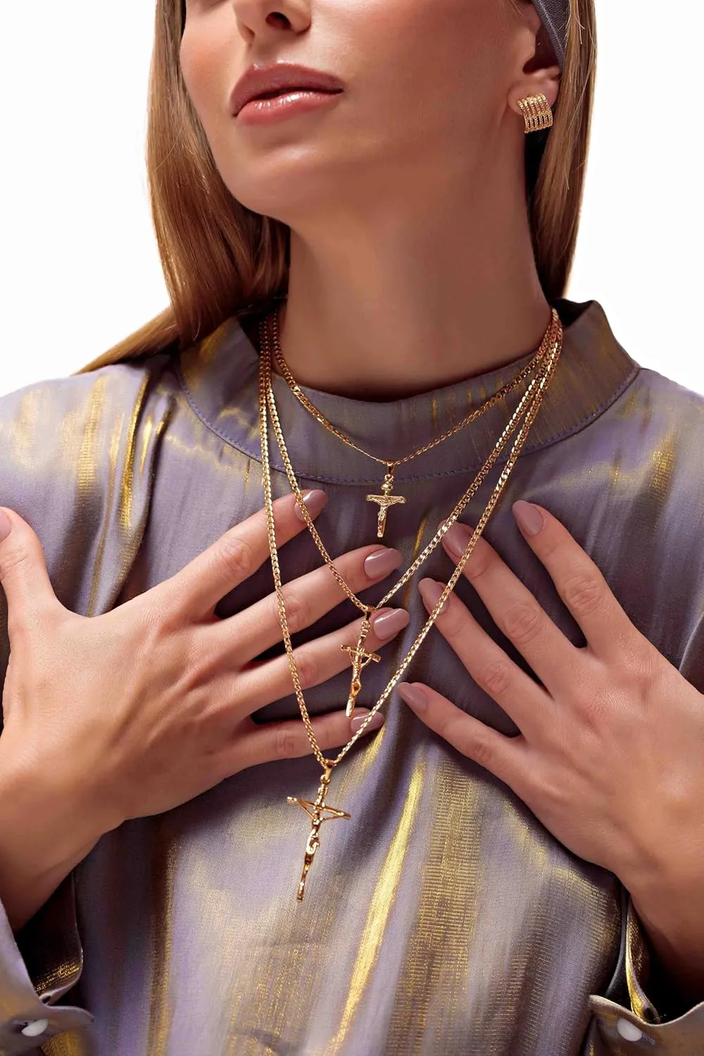 Beautiful Maria - 18K Gold Plated Laminated Grumet Chain Necklace 3mm, with Crucifix