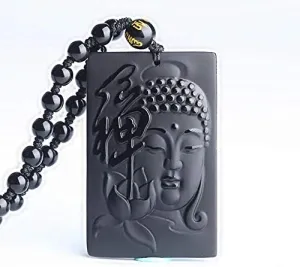 Beautiful Natural Black Obsidian Carved Chinese Buddha Buddhist Kwan-Yin Lucky Amulet Pendant   Beads Necklace Fashion Jewelry