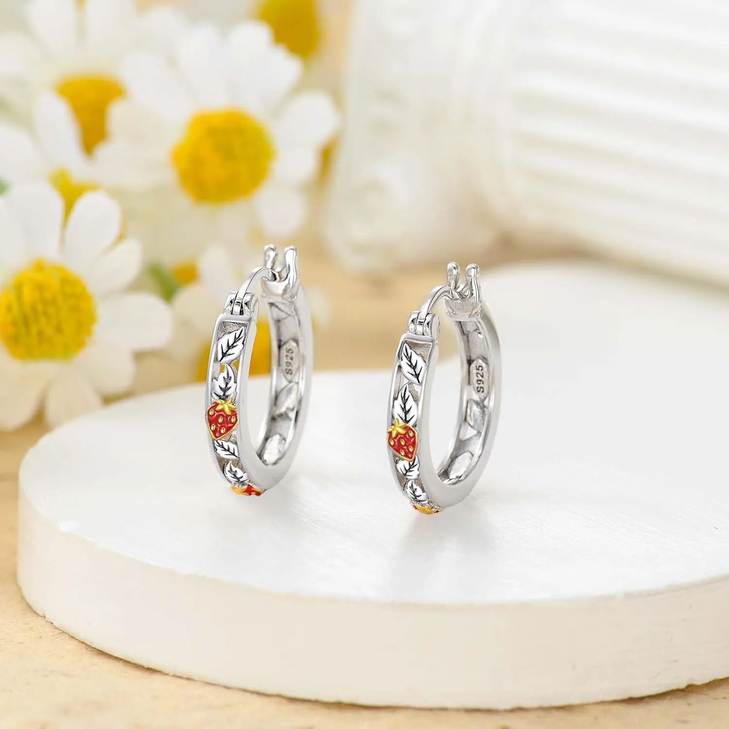 Bee/Strawberry Hoop Earrings Sterling Silver Hoop Earrings Hoop Jewelry Birthday Gifts for Women