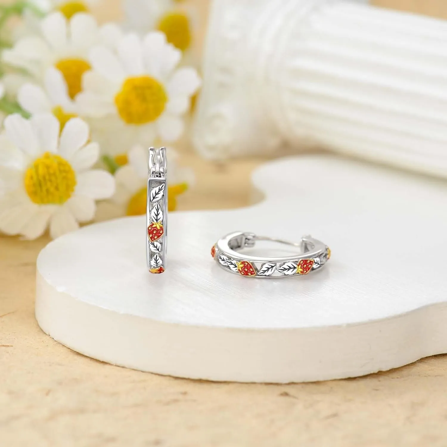 Bee/Strawberry Hoop Earrings Sterling Silver Hoop Earrings Hoop Jewelry Birthday Gifts for Women